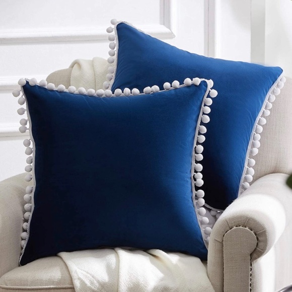 LuxeHomeNavy & White Pom Pom Trim Pillow Covers